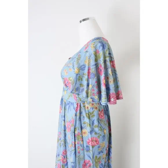Vintage 1970s Prairie Floral Maxi Dress Flutter Sleeve Empire Waist Tie Blue - Picture 8 of 12